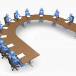 Group Of Blue People Seated And Holding A Meeting At A Large U Shaped Conference Table Clipart Illustration Image